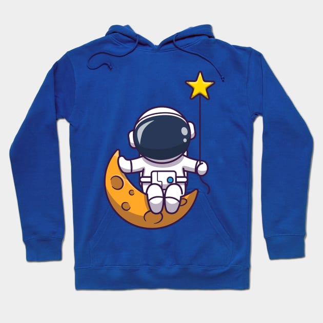 Cute Astronaut Sitting On Moon With Star Cartoon Hoodie by Catalyst Labs